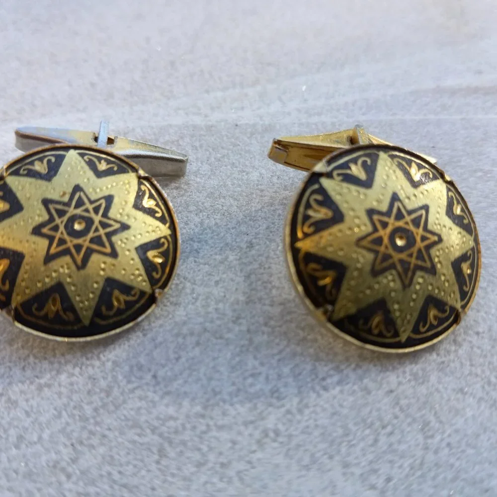 Spanish Damascene Octagram Cufflinks ~ Black & Gold